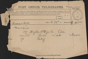 [John Biddulph Martin] telegram to [Victoria Woodhull Martin], Tewkesbury, [England], September 1, 1893