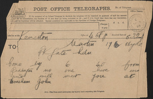 [John Biddulph Martin] telegram to [Victoria Woodhull Martin], Tewkesbury, [England], September 2, 1893