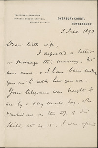 [John Biddulph Martin] autograph note signed to [Victoria Woodhull Martin], Tewkesbury, [England], September 3, 1893