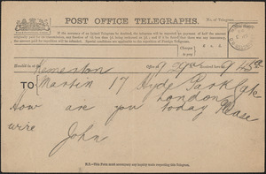 [John Biddulph Martin] telegram to [Victoria Woodhull Martin], Tewkesbury, [England], September 3, 1893