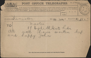 [John Biddulph Martin] telegram to [Victoria Woodhull Martin], Tewkesbury, [England], September 5, 1893