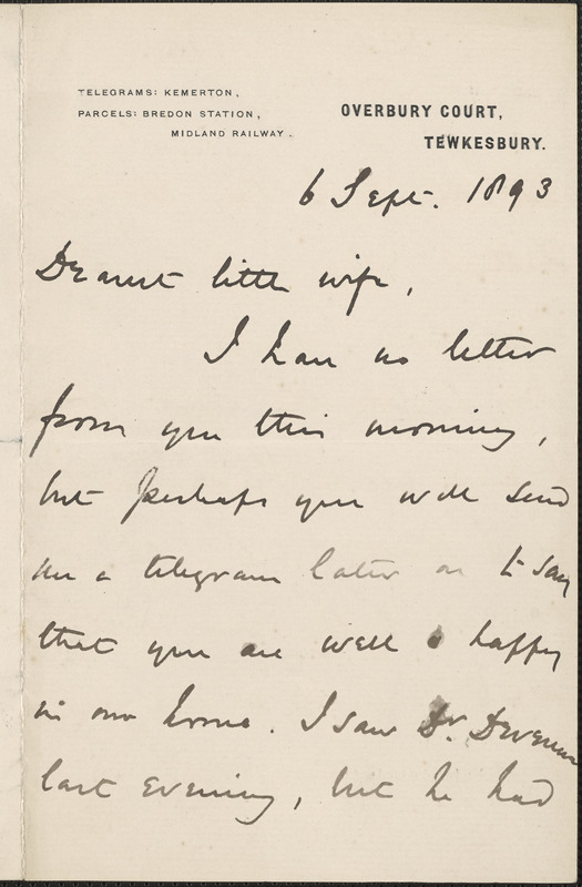 [John Biddulph Martin] autograph note signed to [Victoria Woodhull Martin], Tewkesbury, [England], September 6, 1893