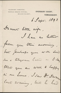 [John Biddulph Martin] autograph note signed to [Victoria Woodhull Martin], Tewkesbury, [England], September 6, 1893