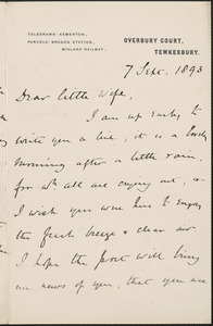 [John Biddulph Martin] autograph note signed to [Victoria Woodhull Martin], Tewkesbury, [England], September 7, 1893