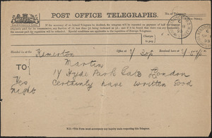 [John Biddulph Martin] telegram to [Victoria Woodhull Martin], Tewkesbury, [England], September 8, 1893