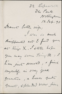 [John Biddulph Martin] autograph note signed to [Victoria Woodhull Martin], Nottingham, [England], September 13, 1893