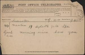 [John Biddulph Martin] telegram to [Victoria Woodhull Martin], Tewkesbury, [England], October 9, 1893