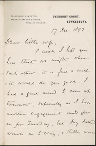 [John Biddulph Martin] autograph note signed to [Victoria Woodhull Martin], Tewkesbury, [England], December 17, 1893