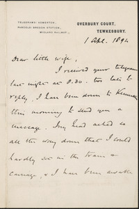 [John Biddulph Martin] autograph note signed to [Victoria Woodhull Martin], Tewkesbury, [England], April 1, 1894