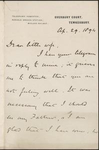 [John Biddulph Martin] autograph note signed to [Victoria Woodhull Martin], Tewkesbury, [England], April 29, 1894