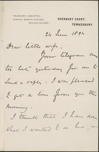[John Biddulph Martin] autograph note signed to [Victoria Woodhull Martin], Tewkesbury, [England], June 24, 1894