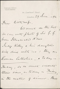 [John Biddulph Martin] autograph note signed to [Victoria Woodhull Martin], London, June 29, 1894