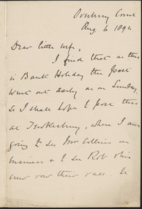 [John Biddulph Martin] autograph note signed to [Victoria Woodhull Martin], Tewkesbury, [England], August 6, 1894