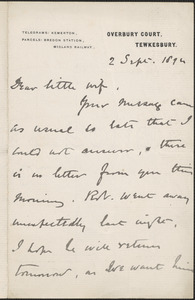 [John Biddulph Martin] autograph note signed to [Victoria Woodhull Martin], Tewkesbury, [England], September 2, 1894
