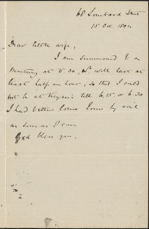 [John Biddulph Martin] autograph note to [Victoria Woodhull Martin], London, October 15, 1894