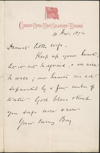 [John Biddulph Martin] autograph note signed to [Victoria Woodhull Martin], Steamship "Etruria", November 10, 1894
