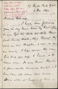 [John Biddulph Martin] autograph note signed to [Victoria Woodhull Martin], London, December 6, 1894