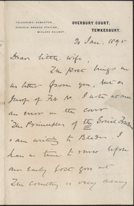 [John Biddulph Martin] autograph note to [Victoria Woodhull Martin], Tewkesbury, [England], January 20, 1895