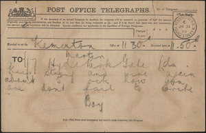 [John Biddulph Martin] telegram to [Victoria Woodhull Martin] [Tewkesbury, England], January 21, 1895