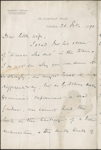 [John Biddulph Martin] autograph note signed to [Victoria Woodhull Martin], London, February 20, 1895