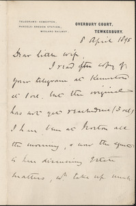 [John Biddulph Martin] autograph note signed to [Victoria Woodhull Martin], Tewkesbury, [England], April 8, 1895