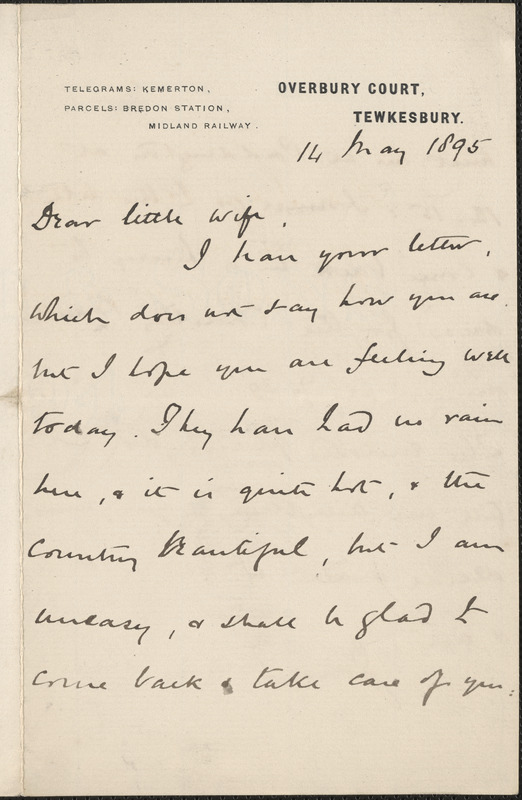 [John Biddulph Martin] autograph note signed to [Victoria Woodhull Martin], Tewkesbury, [England], May 14, 1895