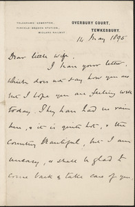 [John Biddulph Martin] autograph note signed to [Victoria Woodhull Martin], Tewkesbury, [England], May 14, 1895