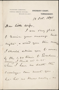 [John Biddulph Martin] autograph note signed to [Victoria Woodhull Martin], Tewkesbury, [England], October 13, 1895