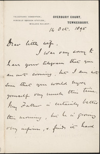 [John Biddulph Martin] autograph note signed to [Victoria Woodhull Martin], Tewkesbury, [England], October 15, 1895