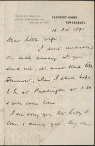 [John Biddulph Martin] autograph note signed to [Victoria Woodhull Martin], Tewkesbury, [England], October 16, 1895