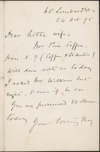 [John Biddulph Martin] autograph note signed to [Victoria Woodhull Martin], London, October 24, 1895
