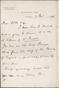 [John Biddulph Martin] autograph note to [Victoria Woodhull Martin], London, November 7, 1895