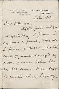 [John Biddulph Martin] autograph note to [Victoria Woodhull Martin], Tewkesbury, [England], January 6, 1896