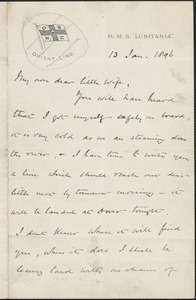 [John Biddulph Martin] autograph note signed to [Victoria Woodhull Martin], on board the R.M.S. "Lusitania", January 13, 1896
