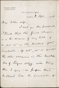 [John Biddulph Martin] autograph note signed to [Victoria Woodhull Martin], London, April 2, 1896