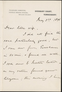 [John Biddulph Martin] autograph note signed to [Victoria Woodhull Martin], Tewkesbury, [England], May 3, 1896