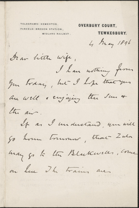 [John Biddulph Martin] autograph note signed to [Victoria Woodhull Martin], Tewkesbury, [England], May 4, 1896