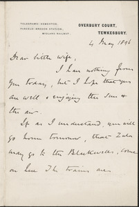 [John Biddulph Martin] autograph note signed to [Victoria Woodhull Martin], Tewkesbury, [England], May 4, 1896