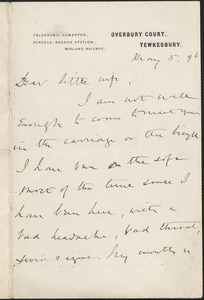 [John Biddulph Martin] autograph note signed to [Victoria Woodhull Martin], Tewkesbury, [England], May 5, 1896