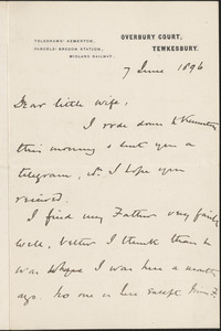 [John Biddulph Martin] autograph note signed to [Victoria Woodhull Martin], Tewkesbury, [England], June 7, 1896