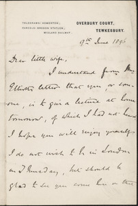 [John Biddulph Martin] autograph note signed to [Victoria Woodhull Martin], Tewkesbury, [England], June 9, 1896