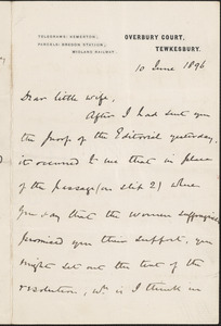 [John Biddulph Martin] autograph note signed to [Victoria Woodhull Martin], Tewkesbury, [England], June 10, 1896