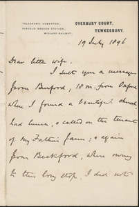 [John Biddulph Martin] autograph note to [Victoria Woodhull Martin], Tewkesbury, [England], July 19, 1896