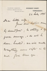 [John Biddulph Martin] autograph note to [Victoria Woodhull Martin], Tewkesbury, [England], July 22, 1896