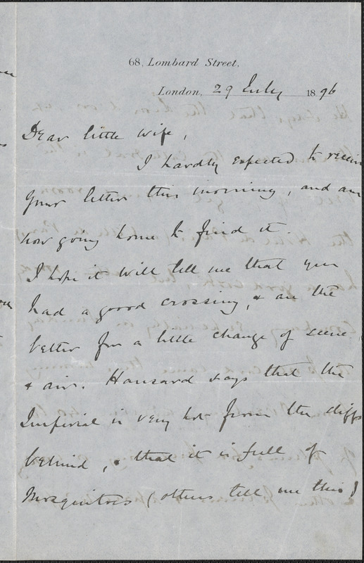 [John Biddulph Martin] autograph note to [Victoria Woodhull Martin], London, July 29, 1896