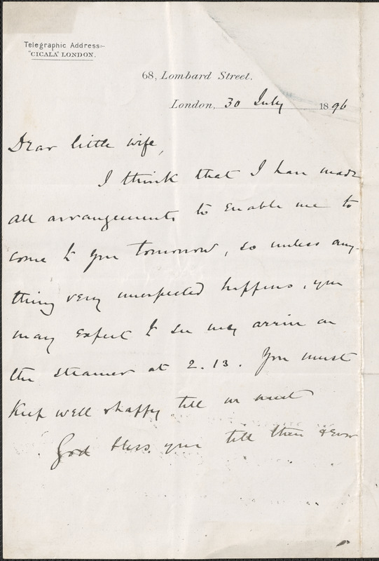 [John Biddulph Martin] autograph note to [Victoria Woodhull Martin], London, July 30, 1896