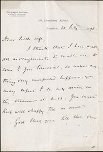 [John Biddulph Martin] autograph note to [Victoria Woodhull Martin], London, July 30, 1896