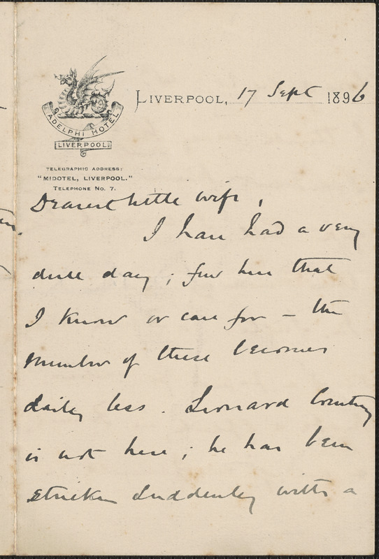 [John Biddulph Martin] autograph note to [Victoria Woodhull Martin], Liverpool, [England], September 17, 1896