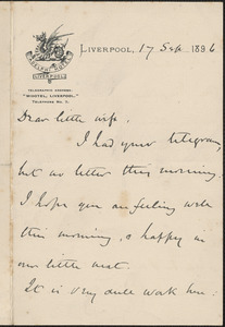 [John Biddulph Martin] autograph note to [Victoria Woodhull Martin, Liverpool, England], September 17, 1896