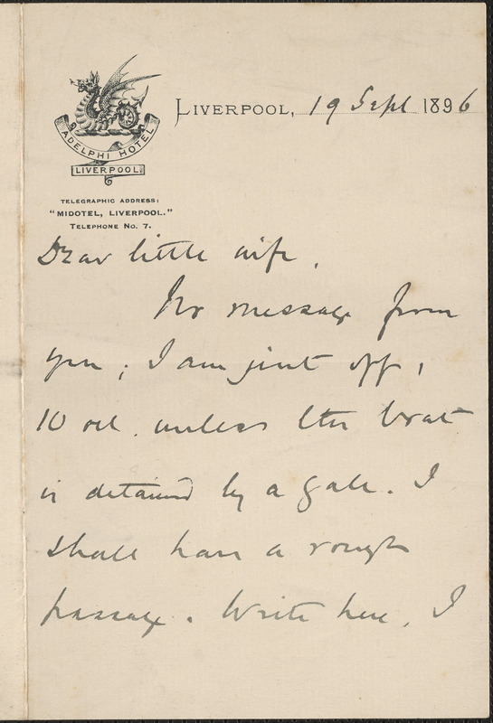 [John Biddulph Martin] autograph note to [Victoria Woodhull Martin], Liverpool, [England], September 19, 1896